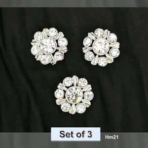 Set of 3 Clear Rhinestone Flower Metal Buttons Platinum-tone Metal Shank 23mm